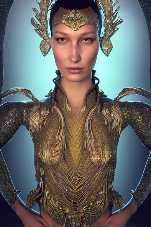 Image similar to a highly detailed metahuman render portrait of an alien goddess bella hadid in iris van herpen dress schiaparelli in diamonds and jewelry in style of alphonse mucha trending on artstation made in unreal engine 4