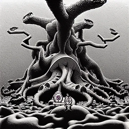 Prompt: gravemind by M.C. Escher and Studio Ghibli