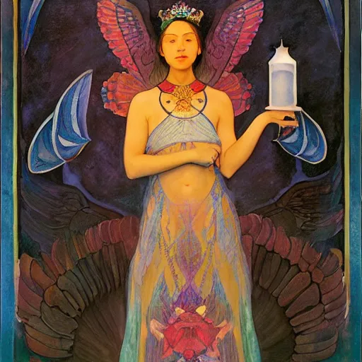 Image similar to queen of the dawn with her wings and her lantern, by Annie Swynnerton and Nicholas Roerich and Diego Rivera, flowing robes, bioluminescent skin, floral tattoos, elaborate costume, geometric ornament, symbolist, soft colors, dramatic lighting, smooth, sharp focus, extremely detailed