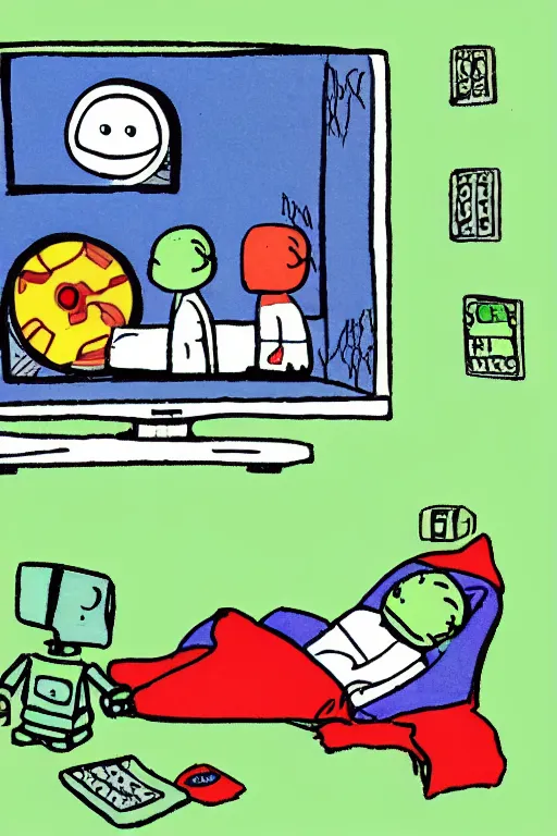 Image similar to an illustration of robots watching tv in the style of goodnight moon by margaret wise brown