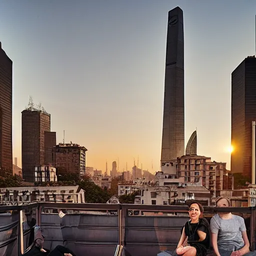 Image similar to a small rooftop with a couple of people sitting and watching the view, wearing black modern clothes, modern shanghai bund is on the background, sunset, by gregory crewdson