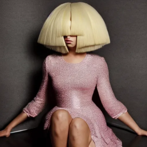 Image similar to Sia furler photoshoot wearing a dress full body puffy wig