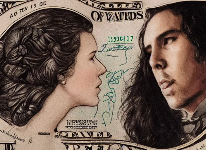 Image similar to reylo kissing, american dollar bill