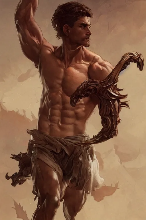 Prompt: Handsome man, muscular upper body, D&D, fantasy, intricate, elegant, highly detailed, digital painting, artstation, concept art, smooth, sharp focus, illustration, art by artgerm and greg rutkowski and alphonse mucha