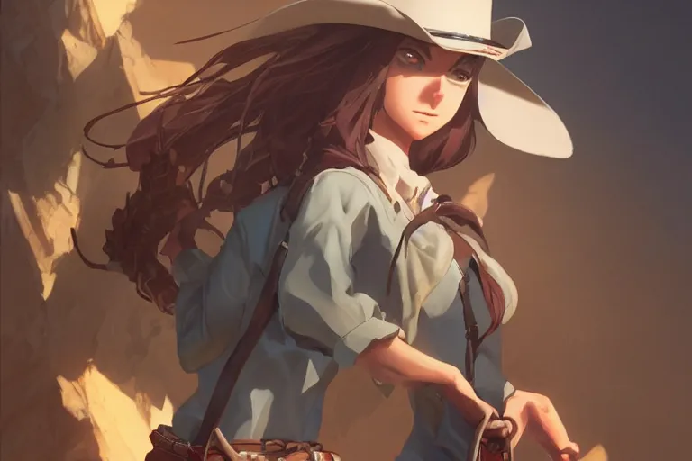 Image similar to western cowgirl, single subject, scenic full shot, ambient lighting, detailed face, by makoto shinkai, stanley artgerm lau, wlop, rossdraws