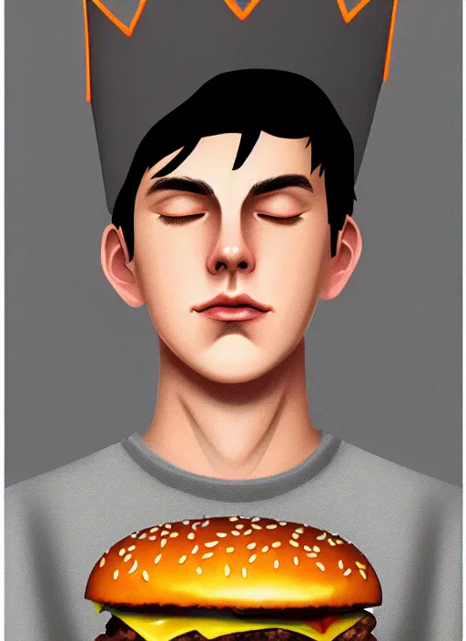 Image similar to portrait of teenage jughead jones wearing a light grey crown, symmetrical crown, hamburger background, eyes closed, crown, black hair, orange, intricate, elegant, glowing lights, warm lighting, highly detailed, digital painting, artstation, concept art, smooth, sharp focus, illustration, art by wlop, mars ravelo and greg rutkowski