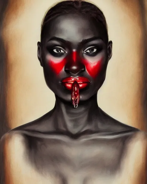 Prompt: beautiful ancient african demonic vampire girl, portrait, hyperrealistic, bloodstained