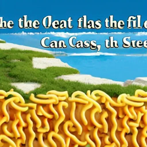 Prompt: On the flat earth, the oceans are prevented from falling off the edge by a giant wall made of macaroni and cheese.