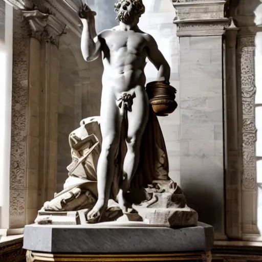 Image similar to marble statue Hephaestus at the Forge by Guillaume Coustou the Younger (at Louvre), dramatic 2 tones lighting