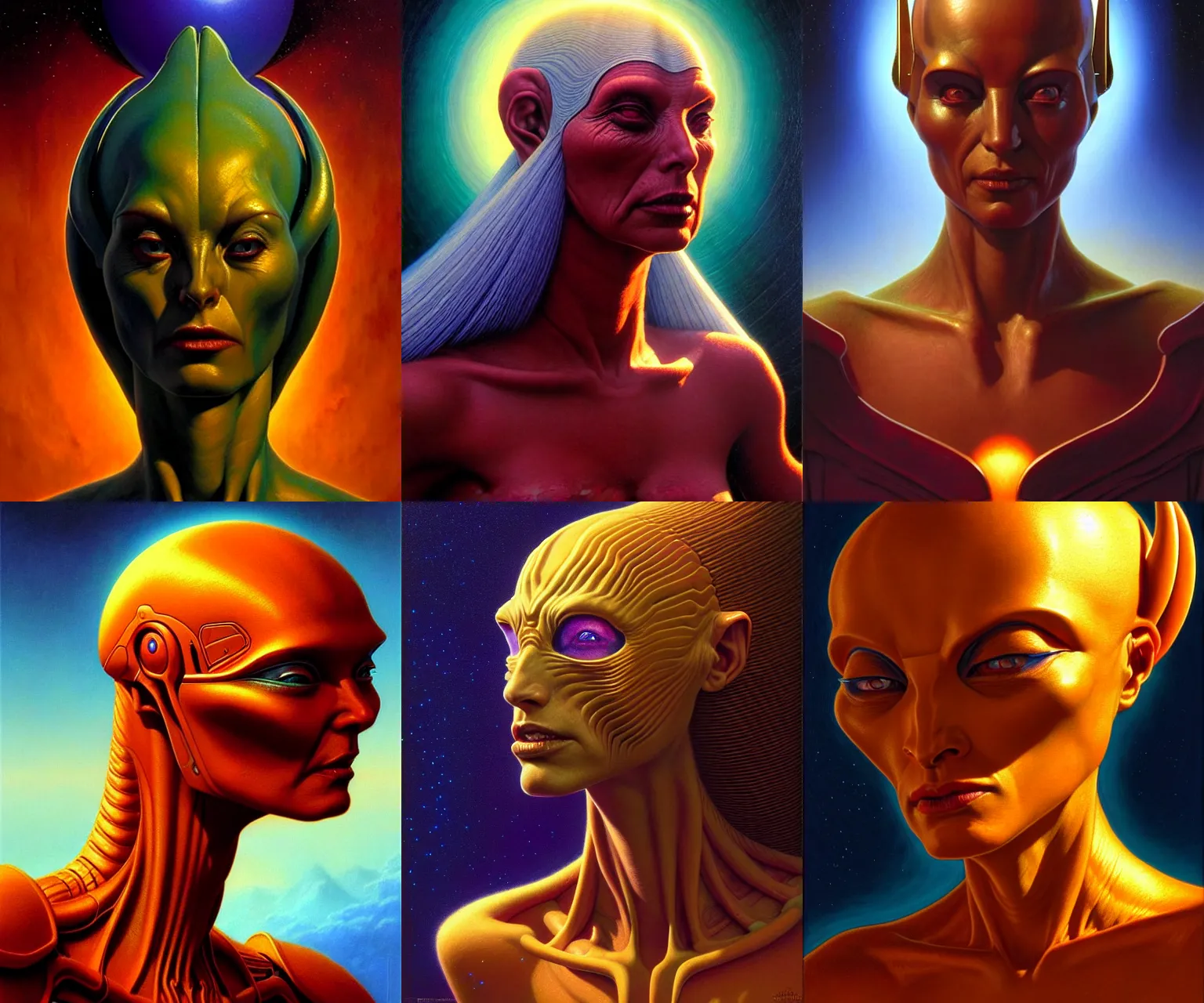 Prompt: cinematic bust portrait of benevolent female extraterrestrial queen, head and chest only, exotic alien features, Tim Hildebrandt, Wayne Barlowe, Bruce Pennington, donato giancola, larry elmore, oil on canvas, masterpiece, trending on artstation, featured on pixiv, cinematic composition, dramatic pose, beautiful lighting, sharp, details, hyper-detailed, HD, HDR, 4K, 8K