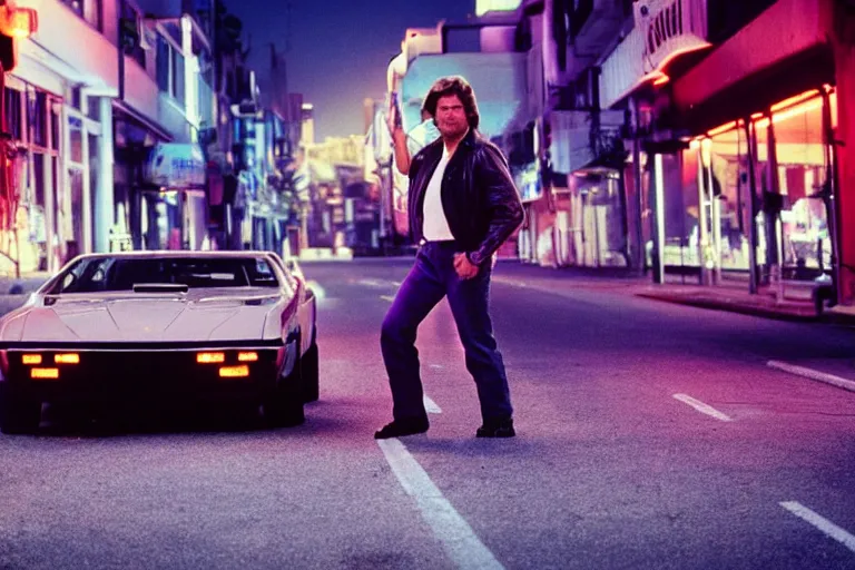 Image similar to 80s dressed Kurt Russel posing and in the background there two 80s sports cars parked on a deserted city street at night time, purple lighted street, wide angle, cinematic, retro-wave vibes, grainy, soft motion blur