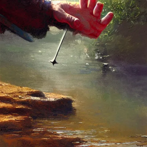 Prompt: a beautiful painting of a hand appearing from a lake holding a sword by james gurney, craig mullins