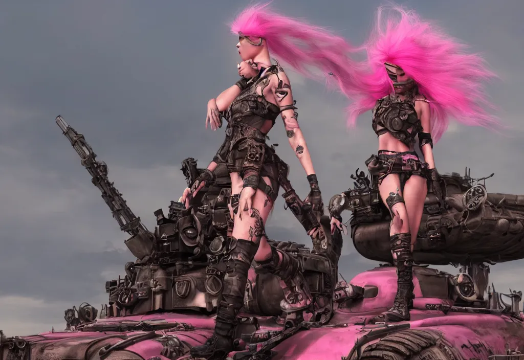 Image similar to beautiful apocalyptic woman with pink Mohawk, posing on mad max panzer tank, 4k ultra hd, fantasy dark art, artstation, octane render