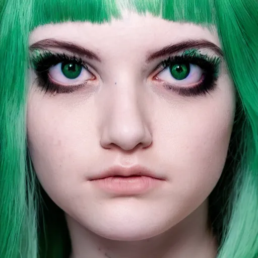 Prompt: a pale girl with green hair, soft facial features, looking directly at the camera, neutral expression, instagram picture