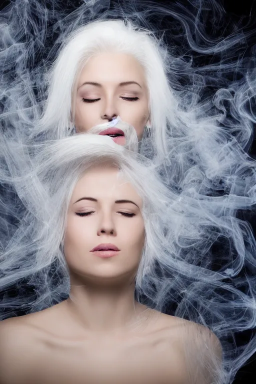 Image similar to portrait of a woman, with white hair like smoke, with reaction-diffusion wallpaper, studio photo, high detail