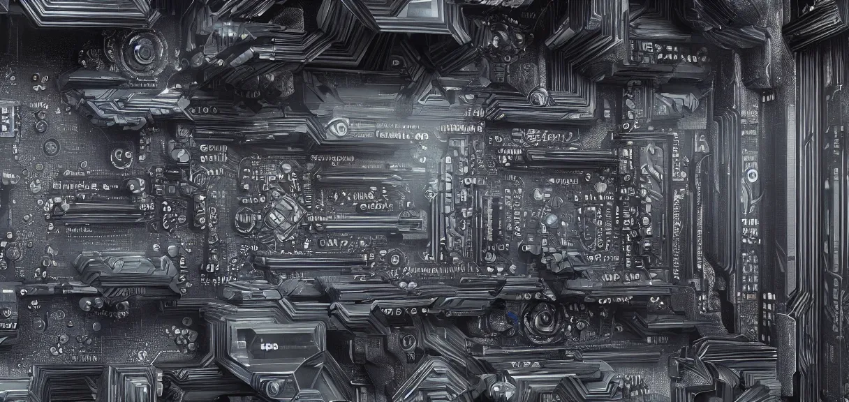 Image similar to fractal motherboard, greg rutkowski, esuthio, craig mullinshyper, scifi, symmetry fractal, octane render, detailed realistic 8 k,