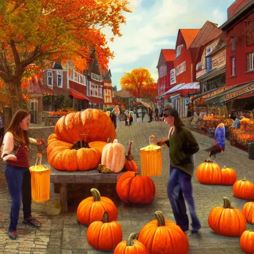 Prompt: pumpkin people selling goods at a market in a vermont town square, fall foliage, cobblestone streets, new england colonial buildings, intricate details, sharp focus, digital art, hyper realistic, 4 k, unreal engine, highly detailed, hd, dramatic lighting by brom, trending on artstation