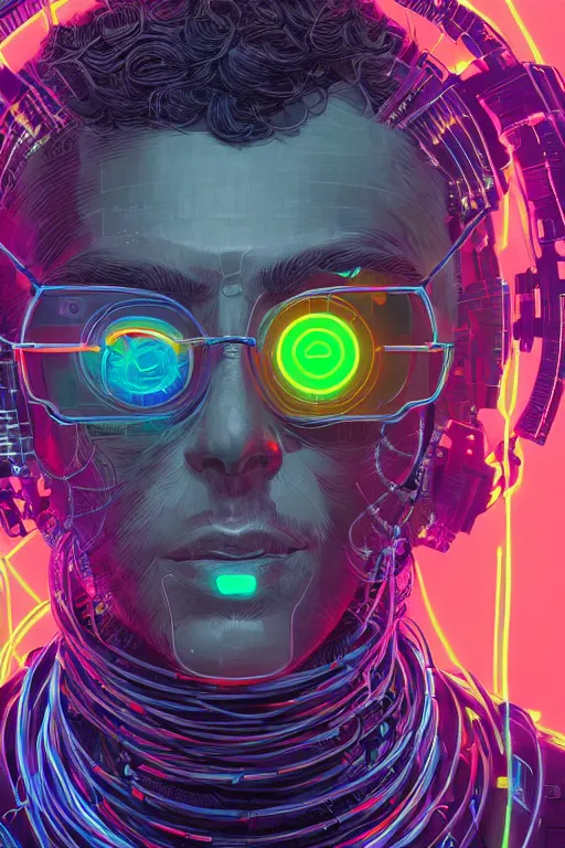 Image similar to stunning highly detailed portrait of a neuromancer billy gaat with cyber headgear surrounded by wires, neon colors, oil on canvas, strong lighting, by Josan Gonzalez, HD, 4K