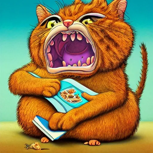 Prompt: surreal book illustration of Garfield the cat as monster, highly detailed