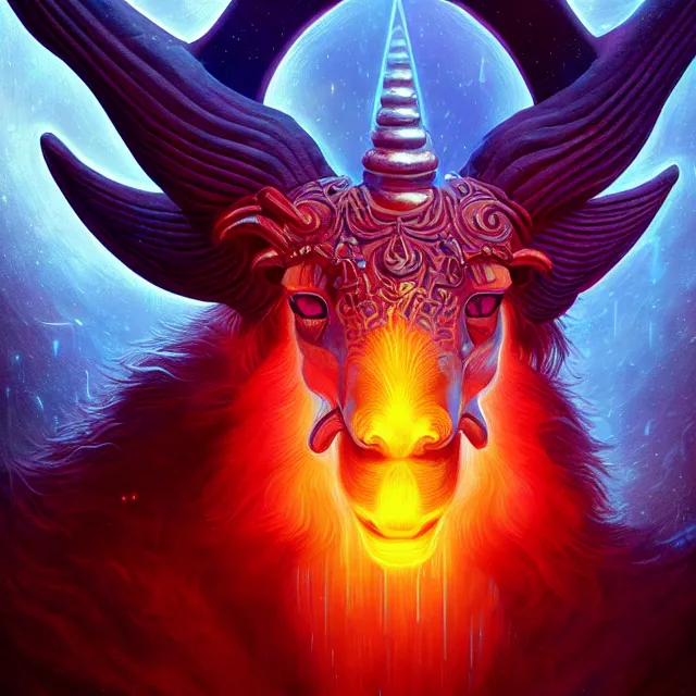 Image similar to Beautiful centered portrait 3d render of the illuminati Baphomet, face portrait, atmospheric lighting, painted, intricate, volumetric lighting, beautiful, rich deep colors masterpiece, sharp focus, ultra detailed, in the style of Dan Mumford and marc simonetti, with a clear crowded futuristic cyberpunk city in the background, astrophotography