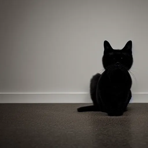 Image similar to national geographic photograph of a mischeivious black cat sitting in a white room