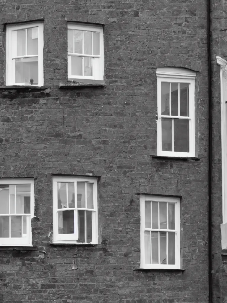 Image similar to single triangular or round sash window on a british wall, surprised and perplexed builders standing in front of it