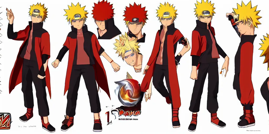 Prompt: Fusion of Naruto Uzumaki from the anime Naruto and Dante from the game Devil May Cry, character design sheet