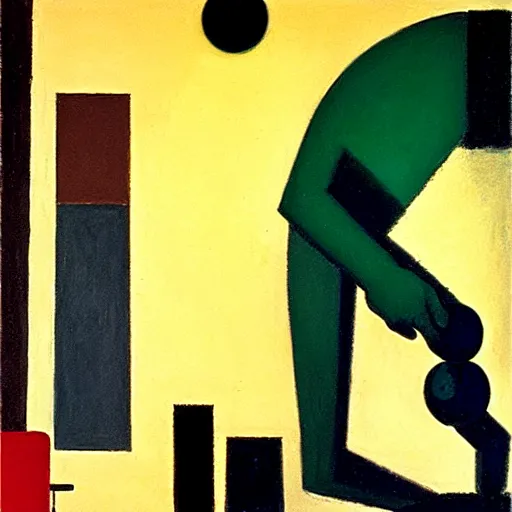 Image similar to melancholic complex suprematism painting of mechanic formed figure working on an sphere machine in height by malevich, throwing hard long shadows in complex construct room by edward hopper vibe, liminal space, oil on canvas