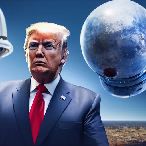 Image similar to Donald Trump with cosmonaut body, realistic artstyle, wide shot, dramatic lighting, octane render, hyperrealistic, high quality, highly detailed, HD, beautiful, cinematic, 8k, unreal engine, facial accuracy, symmetrical