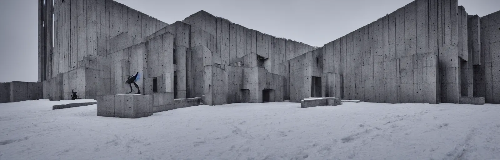 Image similar to snow falling on brutalist monastery, the monastery is on top of a black snowy mountain, the concrete monastery has walkways, skybridges, stairways, white marble statues on pedestals in the background, depth of field, sharp focus, clear focus, beautiful, award winning architecture, hopeful, quiet, calm, serene