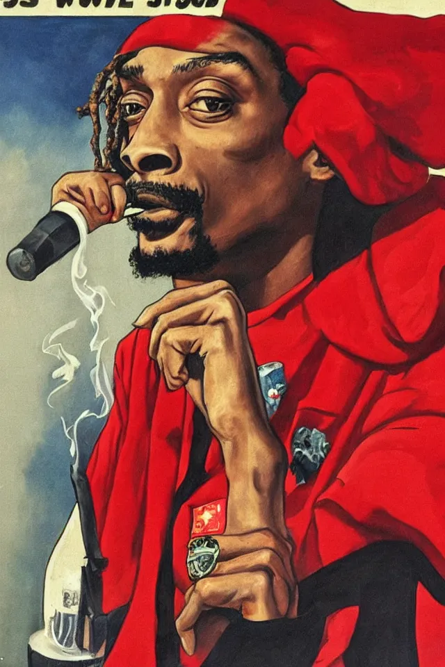 Image similar to an epic socialist realism poster of a singular communist snoop dogg in a red beret smoking a blunt for the proletariat