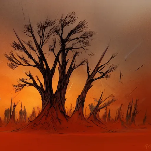 Image similar to Epic portrait doomsday earth full of dead trees and wasteland desert, red sky, red giant sun in front, blurred background, digital painting, artstation, concept art, soft light, hdri, smooth, sharp focus, illustration, fantasy, intricate, elegant, highly detailed, D&D, matte painting, in the style of Greg Rutkowski and Alphonse Mucha and artemisia, 8k, highly detailed, jurgens, rutkowski, bouguereau, pastoral, rustic, georgic