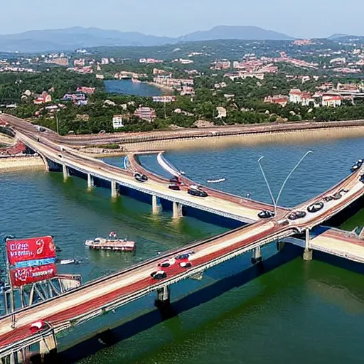 Image similar to drone image of bumper-to-bumper traffic on Tuzla Island Crimea Bridge