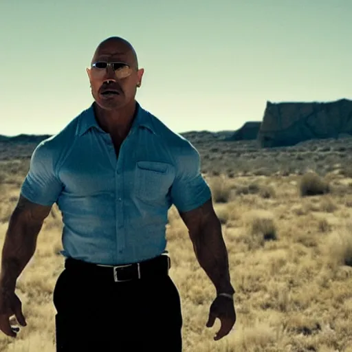 Image similar to Dwayne The Rock Johnson as Walter White in 'Breaking Bad' (2012), movie still frame, oscar nominated cinematography, volumetric lighting, 8k resolution, beautiful composition