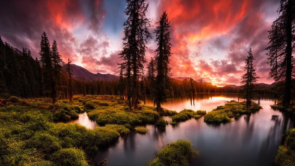 Prompt: amazing landscape photo of a forest with lake in sunset by marc adamus, beautiful dramatic lighting