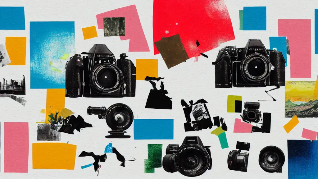 Prompt: an arrangement of dslr photographer traveller props, japan, a collage painting, in the style of wes anderson, lola dupre, david hockney, isolated on negative white space background dark monochrome neon spraypaint accents volumetric octane render