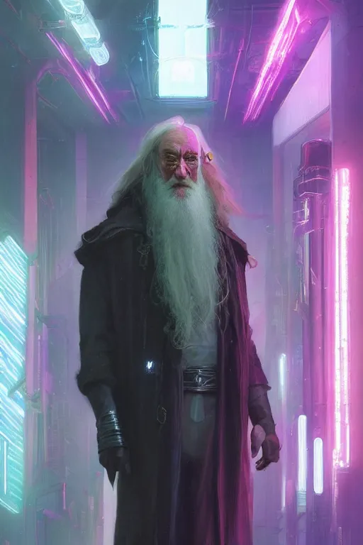 Prompt: portrait of cyborg Dumbledore in cyberpunk, neon lighting, night city, digital art from artstation by Ruan Jia and Mandy Jurgens and Artgerm and william-adolphe bouguereau and Greg Rutkowski