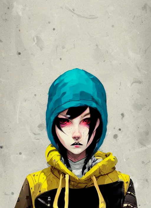 Image similar to highly detailed portrait of a sewer punk lady student, blue eyes, leather hoodie, hat, white hair by atey ghailan, by greg tocchini, by james gilleard, by kaethe butcher, gradient yellow, black, brown and cyan color scheme, grunge aesthetic!!! ( ( graffiti tag wall background ) )