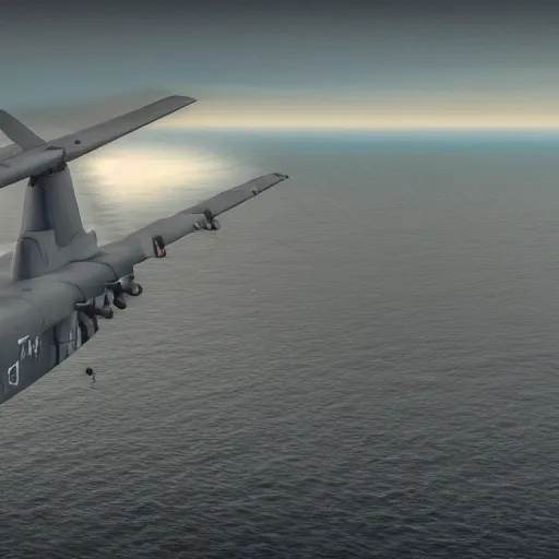 Prompt: an AC-130 flying over the sea, 3d render, octane, ray tracing, high detail, photorealistic, 8k