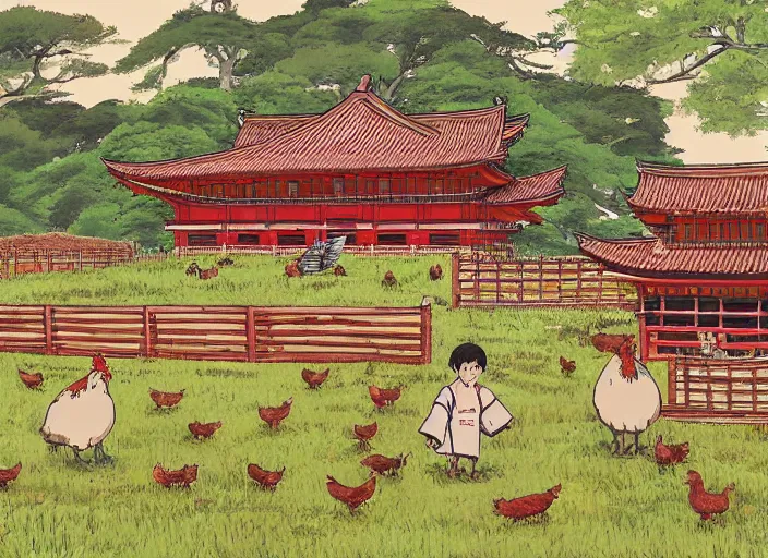 Image similar to big red and brown japanese fort in a meadow with chickens by studio ghibli painting