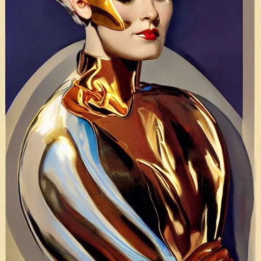 Image similar to closeup painting of uncannily beautiful aristocrat wearing latex and bronze catsuitand face paint inside bronze art deco arcology, science fiction by j. c. leyendecker