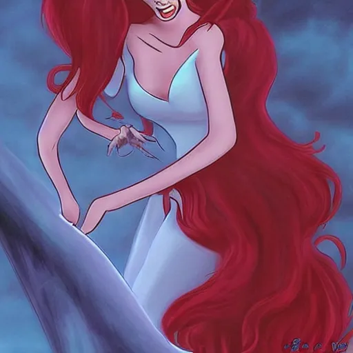 Image similar to Ariel from the little mermaid as a vampire, feeding on prince Eric's , Disney cartoon, gritty, extremely detailed, artstation