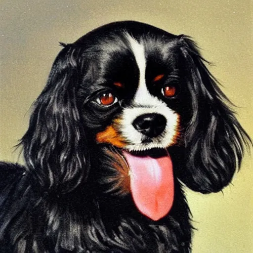 Prompt: painting of a black fur, happy, smiling, completely black cavalier king charles spaniel cross with completely black cockerspaniel with black fur thinking about being a good boy. art by john constable