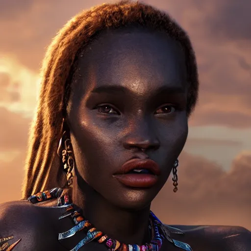 Image similar to a beautiful Zulu princess, epic, epic lighting, character portrait, james gurney, character concept style trending on artstation, detailed face, concept art, detailed, octane render cinematic, photo-realistic, 8k, high detailed