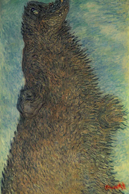 Image similar to shinzo abe face on Godzilla painting by claude monet