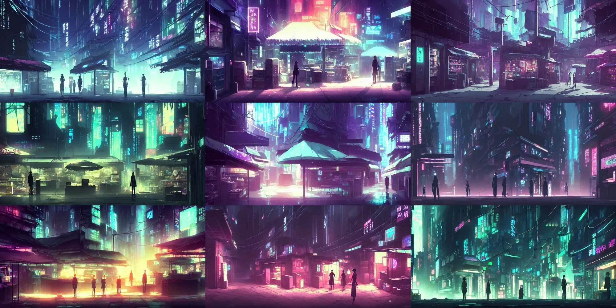 Prompt: an atmospheric and ethereal cyberpunk neon noir detailed background art of a small small marketplace in the anime film, by Shichiro Kobayashi, in the series ergo proxy, by makoto shinkai, hazy and dreary