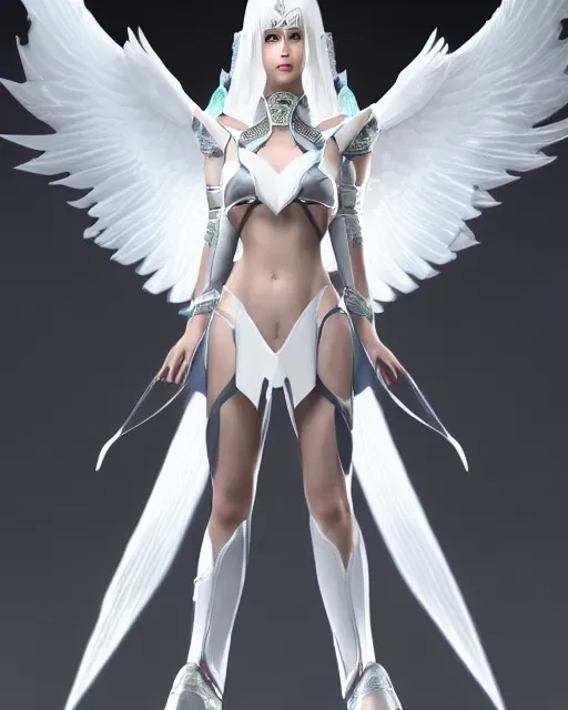 Image similar to perfect white haired attractive egyptian goddess with huge white dove wings, warframe armor, beautiful, symmetric, dreamy, half asian, pretty face, blue eyes, detailed, scifi platform, laboratory, experiment, 4 k, ultra realistic, epic lighting, android body, illuminated, cinematic, masterpiece, art by akihito tsukushi, voidstar