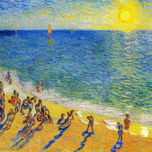 Image similar to modern people swimming and paddling in the sea at brighton uk the sunlight catches the waves, sparkling and glistens, glittering, near the beach on a hot sunny day painted monet and van gogh painterly style