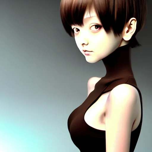 Image similar to girl with morbid thoughts wearing a black spring dress with short brown hair, queen of sharp needles and under the effect of psychosis, by Range Murata, Katsuhiro Otomo, Yoshitaka Amano, and Artgerm. 3D shadowing effect, 8K resolution.