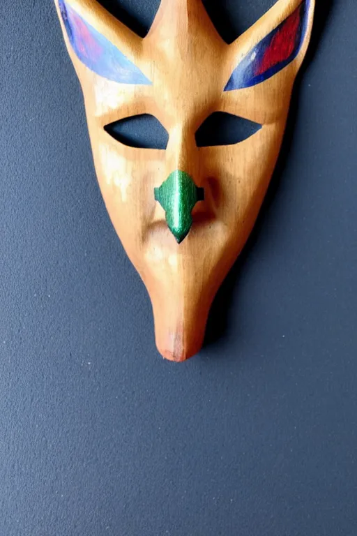 Prompt: a flat carved wooden elf mask face, staring real goat eyes, outer glow, dark blue background with stars shapes vividly coloured, highly detailed, vintage european folk art, colour photograph